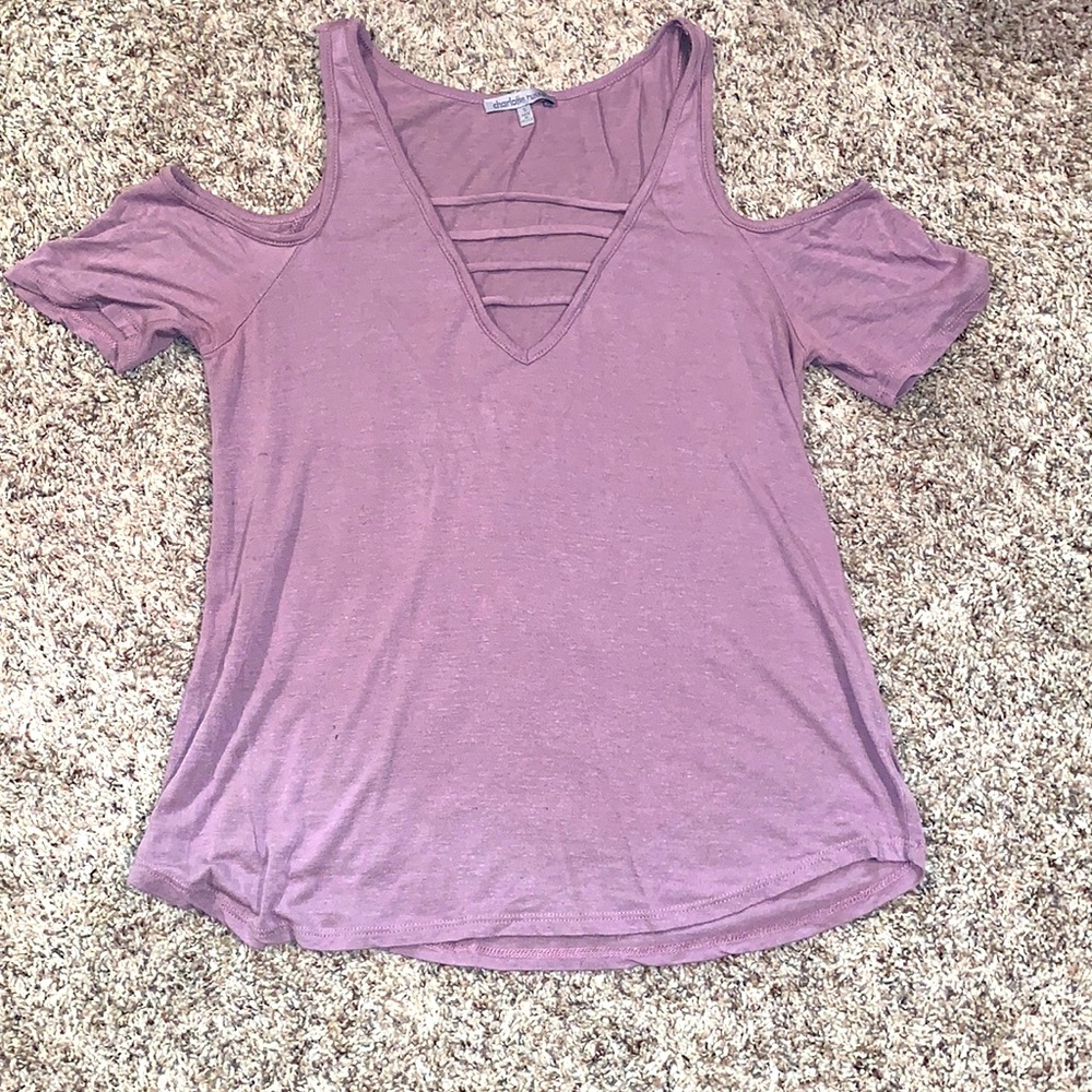 Lavender top, v-neck, shoulder cut out, size S